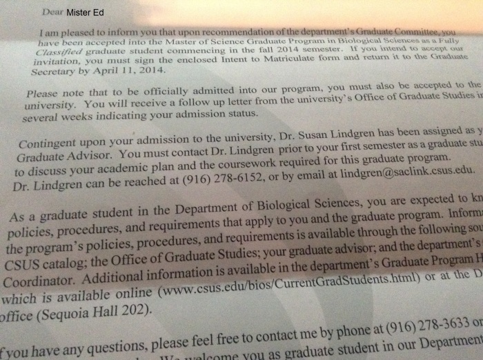 My first graduate school acceptance letter.